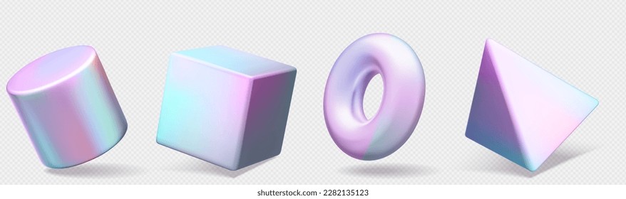 3d abstract geometric hologram shape render vector. Realistic isolated cube, pyramid and donut holographic form set. Futuristic minimal glossy icon collection. Multicolor trendy torus and cylinder