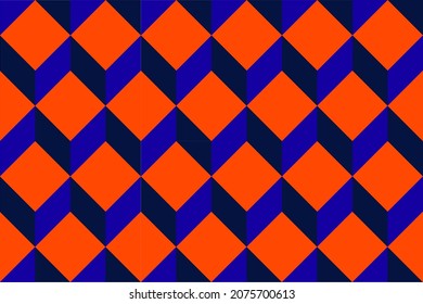 3D Abstract geometric seamless pattern, made with geometrical shapes and cubes illusion pattern. Perfect for poster, print, banner. Colorful pattern, indigo blue, navy blue and orange. Vector EPS 10.