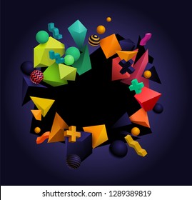 3D abstract geometric shapes. Modern festive background design with place for text. Red, green, yellow, orange and black. Eps10 vector