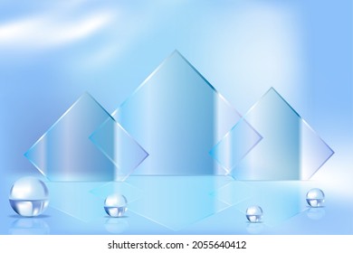 3d abstract geometrical background with blue translucent rhombus glass. Modern minimal showcase mockup. Vacant pedestal, empty podium, stage platform for commercial product displaying