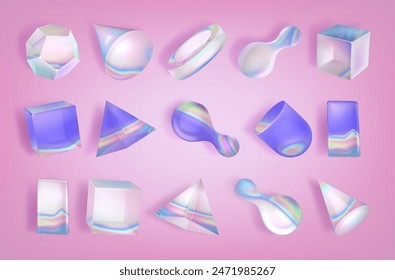 Forma de vidrio abstracto 3d con degradado de luz de cristal. Efecto de reflexión prismática para elemento geométrico. Cubo de arco iris moderno brillante, triángulo y objeto líquido. Brillo de diamante holográfico con dispersión