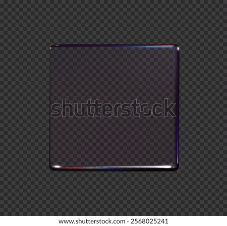 3D abstract glass square with iridescent surface, isolated dark transparent background. Crystal push button. Geometric figure with prismatic design. Glossy surface with light scattering.