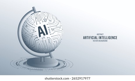 Globo abstracto 3D con placa de circuito AI. Inteligencia artificial cibernética del futuro. Big data y concepto de aprendizaje profundo en IA generativo y robótica. Diseño de negocios globales. Ilustración vectorial.