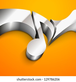 3D abstract glossy musical note on yellow background.