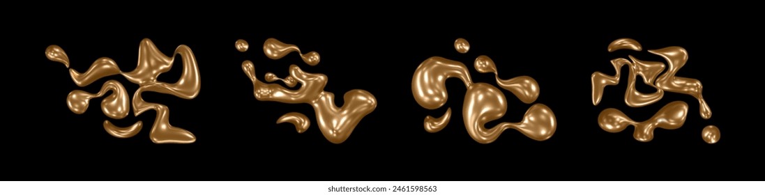 3d abstract gold liquid shape. Metal fluid object design. Futuristic chocolate aesthetic wavy blob set. Creative blot with reflection. Cacao drop explosion decoration collection isolated on background