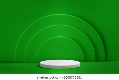 3D abstract green scene background with podium and spotlight. Empty realistic room with platform. Product presentation template.