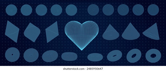 3D abstract grid shapes with wireframe mesh patterns. Heart, torus, cones highlight cyberpunk Y2K geometry and neon tech style. Psychedelic retro futuristic art elements on dark background