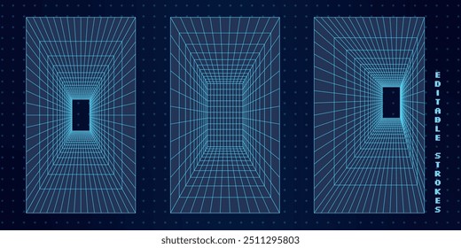 Túnel de grade abstrato 3D molda com elementos de malha wireframe, criando uma estética cyberpunk futurista. As linhas de geometria formam um design Y2K inspirado na tecnologia. Padrão azul néon em fundo escuro.