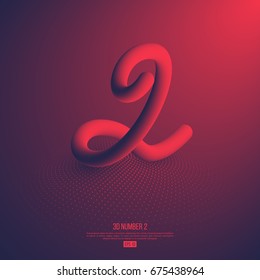 3d abstract hand drawn number 2. Violet color with pink light effect. Vector illustration.