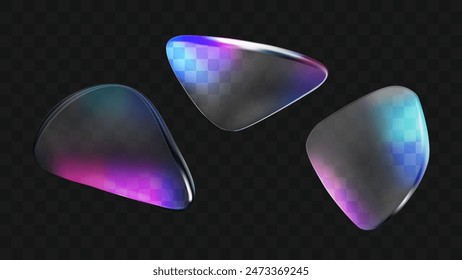 3d abstract holographic liquid prism shape set. Transparent fluid crystal hologram blob. Water drop element with rainbow flare overlay. Iridescent futuristic refraction asset collection with glow