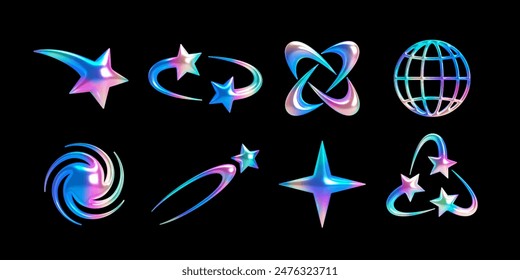 3d abstract holographic shapes set in y2k aesthetic. Isolated vector symbols – star, spark, galaxy, comet, globe with shiny rainbow chrome surface for cosmic, sci-fi, retrofuturism, cyberpunk designs