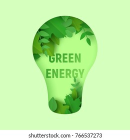 3d abstract illustration with lamp and paper cut green leaves. ecology and nature concept in trendy craft style.