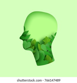 3d abstract illustration with man head and paper cut green leaves. ecology and nature concept in trendy craft style.