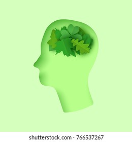 3d abstract illustration with man head paper cut green leaves. ecology and nature concept in trendy craft style.