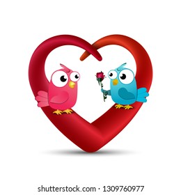 3d abstract illustration Valentine Day of red heart with bird's couple. Vector colorful greeting card template in carving art style. - Vector