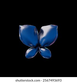 3d abstract inflatable shape with blue reflective surface, vector illustration. Glossy shiny effect. Element for decoration. Surreal y2k style. Isolated black background. Retro futurism.