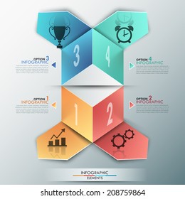 3d abstract infographic template with realistic colorful cubes and paper arrows for 4 options, icons and editable text. Vector. Can be used for web design and workflow layout.