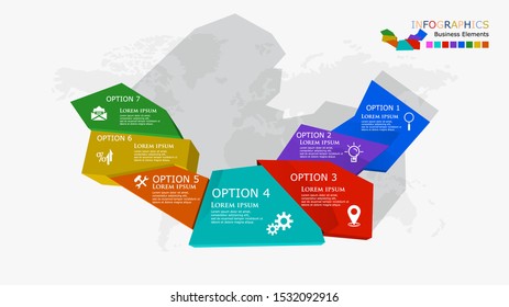 3D abstract infographics options template. 
Modern concept design template with 7 options, steps or parts.