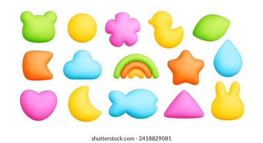 3d abstract kid doodle shape. Set baby graphic elements isolated background. Cute colorful flower, cloud, rainbow, star, moon, fish, heart, rabbit icon. Childish cartoon vector illustration