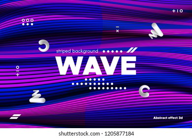 3d Abstract Linear Banner. Striped Ripple Background with Distortion and Movement Effect. Wave Template in Blue and Pink Colors. Flowing Shape Concept. Trendy 3d Poster for Your Creative Design.