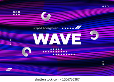 3d Abstract Linear Banner. Striped Ripple Background with Distortion and Movement Effect. Wave Template in Blue and Pink Colors. Flowing Shape Concept. Trendy 3d Poster for Your Creative Design.