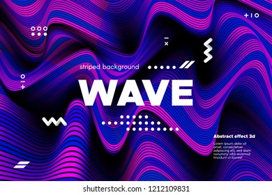 3d Abstract Linear Banner. Striped Ripple Background with Distortion and Movement Effect. Wave Template in Blue and Pink Colors. Flowing Shape Concept. Trendy 3d Poster for Your Creative Design.