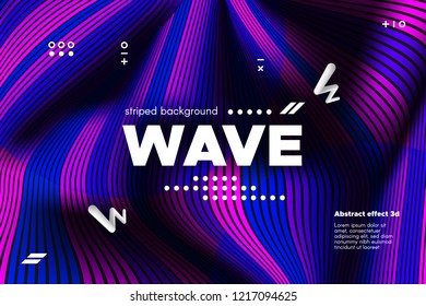3d Abstract Linear Banner. Striped Ripple Background with Distortion and Movement Effect. Wave Template in Blue and Pink Colors. Flowing Shape Concept. Trendy 3d Poster for Your Creative Design.