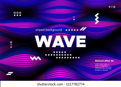 3d Abstract Linear Banner. Striped Ripple Background with Distortion and Movement Effect. Wave Template in Blue and Pink Colors. Flowing Shape Concept. Trendy 3d Poster for Your Creative Design.