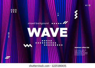 3d Abstract Linear Banner. Striped Ripple Background with Distortion and Movement Effect. Wave Template in Blue and Pink Colors. Flowing Shape Concept. Trendy 3d Poster for Your Creative Design.