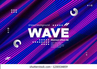 3d Abstract Linear Banner. Striped Ripple Background with Distortion and Movement Effect. Wave Template in Blue and Pink Colors. Flowing Shape Concept. Trendy 3d Poster for Your Creative Design.