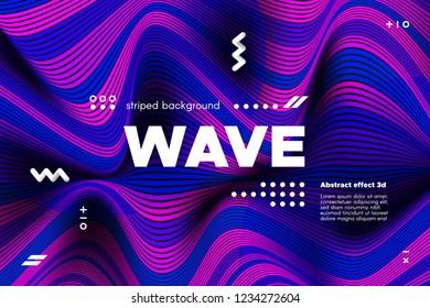 3d Abstract Linear Banner. Striped Ripple Background with Distortion and Movement Effect. Wave Template in Blue and Pink Colors. Flowing Shape Concept. Trendy 3d Poster for Your Creative Design.