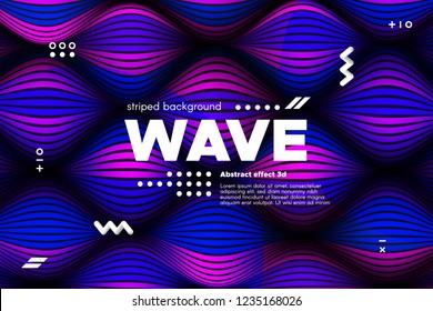 3d Abstract Linear Banner. Striped Ripple Background with Distortion and Movement Effect. Wave Template in Blue and Pink Colors. Flowing Shape Concept. Trendy 3d Poster for Your Creative Design.