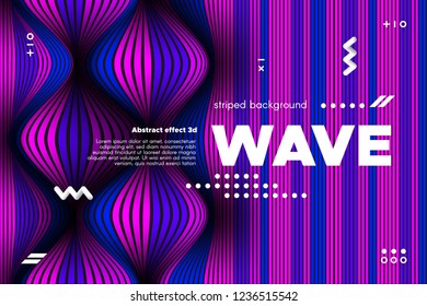 3d Abstract Linear Banner. Striped Ripple Background with Distortion and Movement Effect. Wave Template in Blue and Pink Colors. Flowing Shape Concept. Trendy 3d Poster for Your Creative Design.