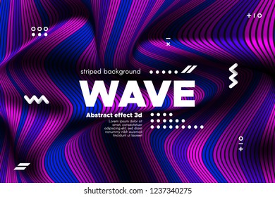 3d Abstract Linear Banner. Striped Ripple Background with Distortion and Movement Effect. Wave Template in Blue and Pink Colors. Flowing Shape Concept. Trendy 3d Poster for Your Creative Design.