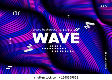 3d Abstract Linear Banner. Striped Ripple Background with Distortion and Movement Effect. Wave Template in Blue and Pink Colors. Flowing Shape Concept. Trendy 3d Poster for Your Creative Design.