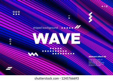 3d Abstract Linear Banner. Striped Ripple Background with Distortion and Movement Effect. Wave Template in Blue and Pink Colors. Flowing Shape Concept. Trendy 3d Poster for Your Creative Design.