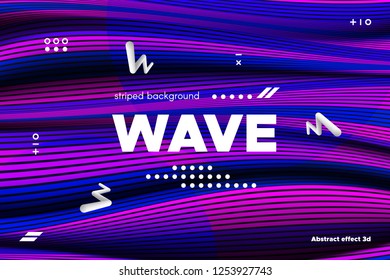 3d Abstract Linear Banner. Striped Ripple Background with Distortion and Movement Effect. Wave Template in Blue and Pink Colors. Flowing Shape Concept. Trendy 3d Poster for Your Creative Design.