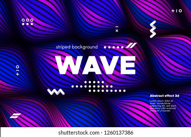 3d Abstract Linear Banner. Striped Ripple Background with Distortion and Movement Effect. Wave Template in Blue and Pink Colors. Flowing Shape Concept. Trendy 3d Poster for Your Creative Design.
