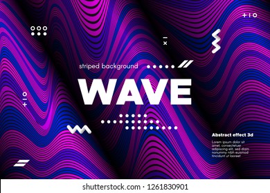 3d Abstract Linear Banner. Striped Ripple Background with Distortion and Movement Effect. Wave Template in Blue and Pink Colors. Flowing Shape Concept. Trendy 3d Poster for Your Creative Design.