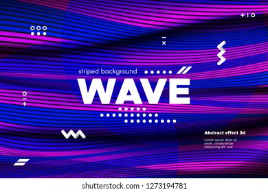 3d Abstract Linear Banner. Striped Ripple Background with Distortion and Movement Effect. Wave Template in Blue and Pink Colors. Flowing Shape Concept. Trendy 3d Poster for Your Creative Design.