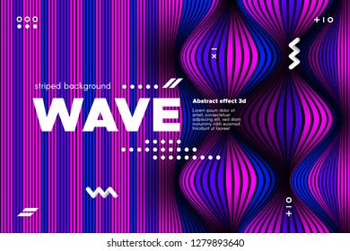3d Abstract Linear Banner. Striped Ripple Background with Distortion and Movement Effect. Wave Template in Blue and Pink Colors. Flowing Shape Concept. Trendy 3d Poster for Your Creative Design.