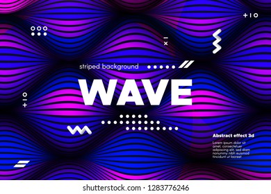 3d Abstract Linear Banner. Striped Ripple Background with Distortion and Movement Effect. Wave Template in Blue and Pink Colors. Flowing Shape Concept. Trendy 3d Poster for Your Creative Design.