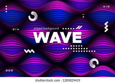 3d Abstract Linear Banner. Striped Ripple Background with Distortion and Movement Effect. Wave Template in Blue and Pink Colors. Flowing Shape Concept. Trendy 3d Poster for Your Creative Design.