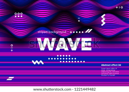 3d Abstract Linear Banner. Striped Ripple Background with Distortion and Movement Effect. Wave Template in Blue and Pink Colors. Flowing Shape Concept. Trendy 3d Poster for Your Creative Design.