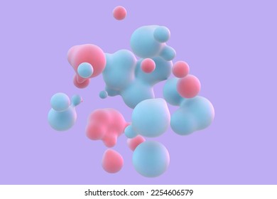 3D abstract liquid blobs on purple background. Concept of future science: floating spheres, molecular elements or nanoparticles. Fluid red and blue shapes in motion EPS 10, vector illustration.