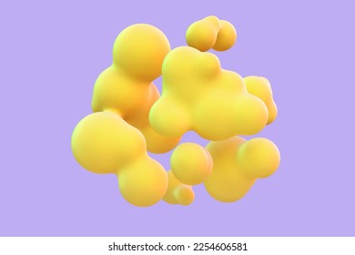 3D abstract liquid bubbles on purple background. Concept of future science: floating spheres, organic shapes or particles. Fluid bright yellow surreal shapes in motion EPS 10, vector illustration.