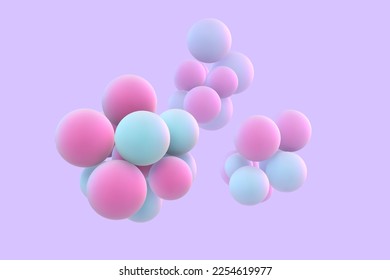 3D abstract liquid bubbles on purple background. Concept of science: floating morphing spheres, molecular elements or nanoparticles. Fluid pink and blue shapes in motion EPS 10, vector illustration.