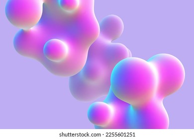 3D abstract liquid bubbles on purple background. Concept of future science: floating morphing spheres, molecular elements or nanoparticles. Fluid pink shapes in motion EPS 10, vector illustration.