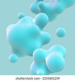 3D abstract liquid bubbles on blue background. Concept of future science: floating spheres, organic shapes or nano particles. Fluid bright blue shapes in motion EPS 10, vector illustration. - Shutterstock ID 2255601259