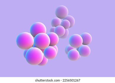 3D abstract liquid bubbles on purple background. Concept of future science: floating morphing spheres, molecular elements or nanoparticles. Fluid pink shapes in motion EPS 10, vector illustration.